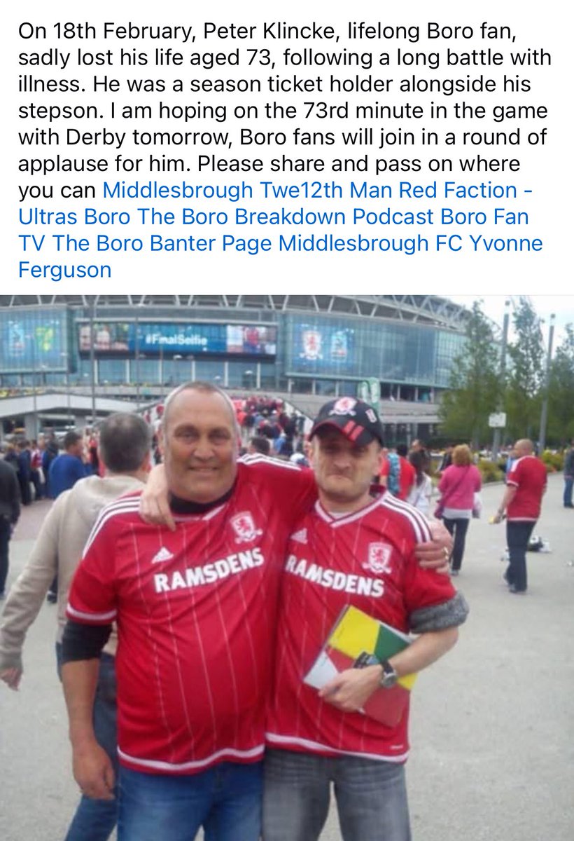 hannah (@hannah_tbhh) on Twitter photo #Boro fans, would be appreciated if we could join in with this round of applause in the 73rd minute tomorrow for lifelong Boro fan Peter who sadly passed awayโค๏ธ please spread the word x <a href="/Boro/">Middlesbrough FC</a> <a href="/Twe12thman/">Twe12thman Boro</a> <a href="/RF08/">Red Faction</a> #UTB #Boro fans, would be appreciated if we could join in with this round of applause in the 73rd minute tomorrow for lifelong Boro fan Peter who sadly passed awayโค๏ธ please spread the word x <a href="/Boro/">Middlesbrough FC</a> <a href="/Twe12thman/">Twe12thman Boro</a> <a href="/RF08/">Red Faction</a> #UTB