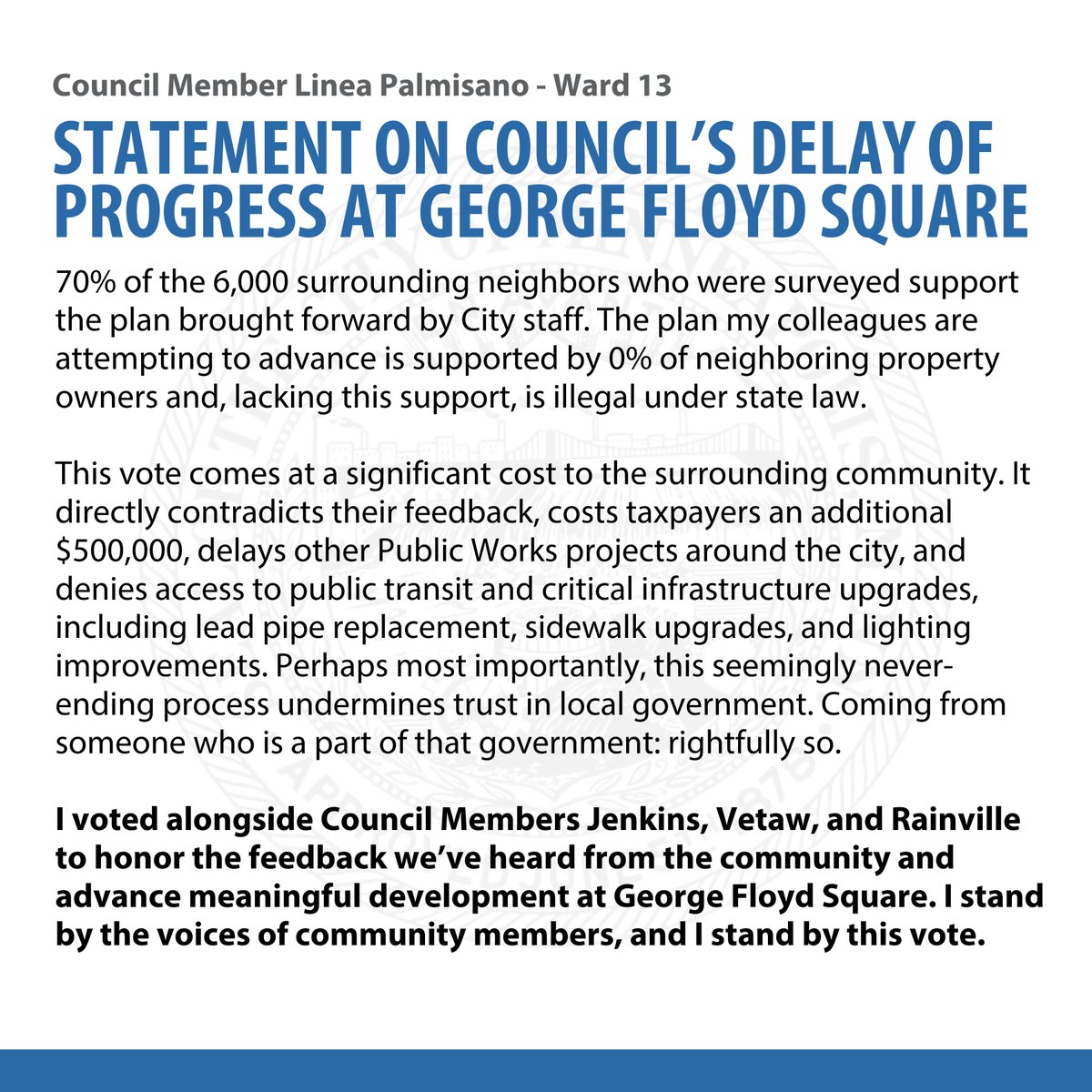 Council Member Palmisano's Statement on Council's Delay of Progress at George Floyd Square