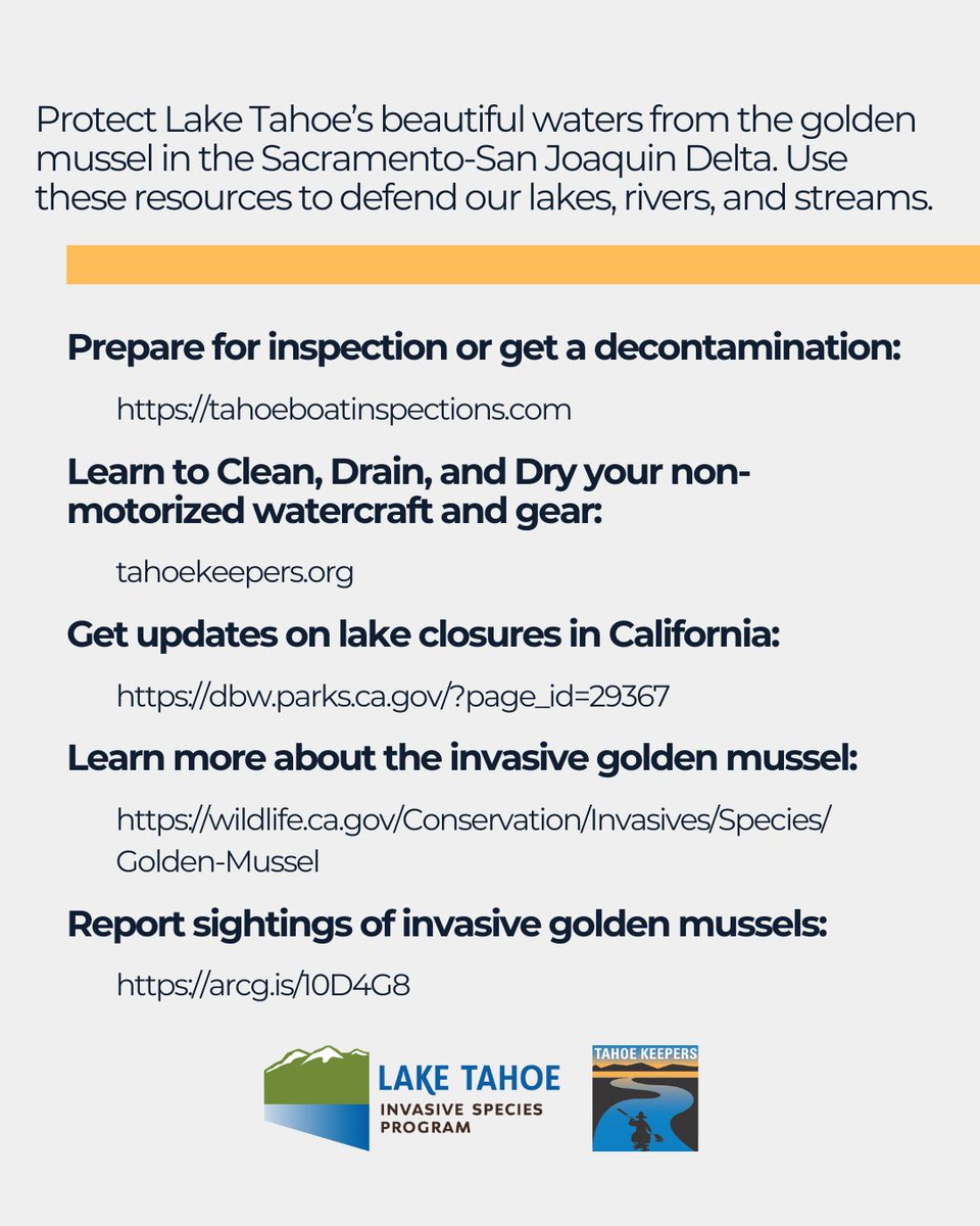 tahoekeepers's tweet image. While today is the last day of #NISAW2025, invasive species prevention efforts continue everyday!
Protect Lake Tahoe’s beautiful waters from the golden mussel in the Sacramento-San Joaquín Delta. Use these resources to defend our lakes, rivers, and streams: