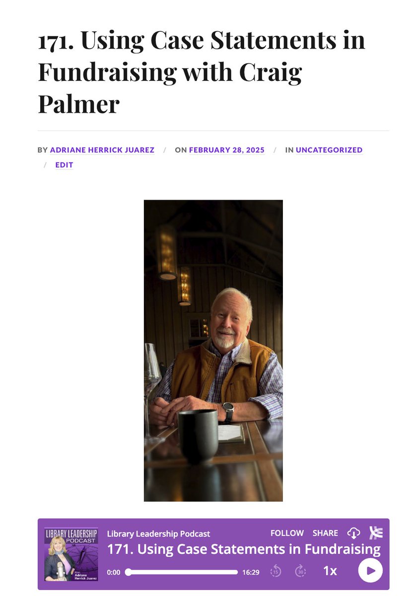 LibraryPodcast's tweet image. How do you make your case to potential donors for your library? On this show Craig Palmer, Fund Development Manager for Sonoma County Library, returns to the podcast to expound on what he shared last year about Building Strong Library Foundations. libraryleadershippodcast.com/171-using-case…