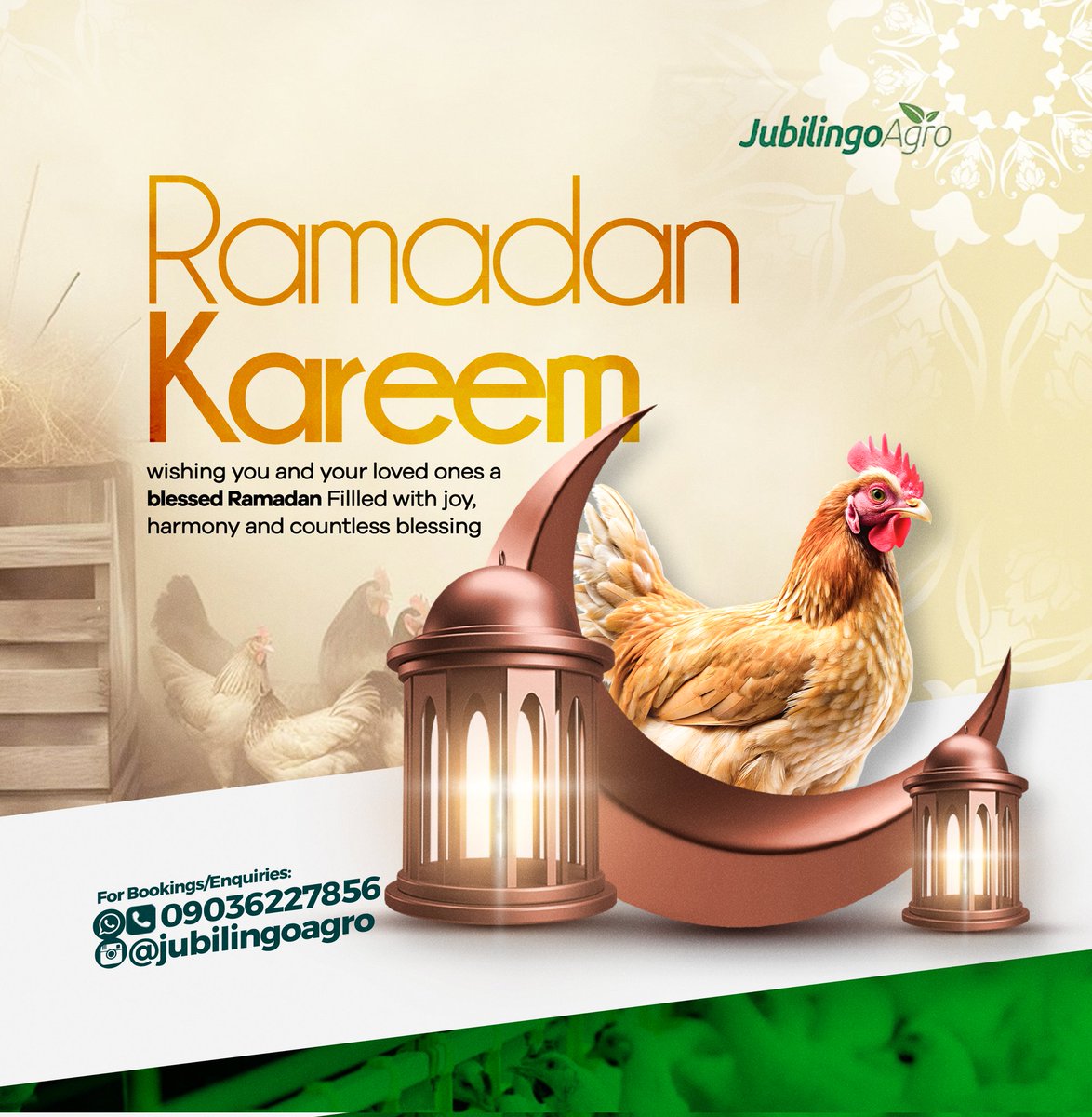 jubilingoagro's tweet photo. "Ramadan: Fasting, reflecting, connecting."

Wishing you a Blessed Ramadan.

#ramadankareem #Ramadan2025 #poultryfarming #agriculture #nigerianfarmers #pullets #noiler #turkey #cockerel #jubilingoagro #ImprovingAgricultureImprovingLives https://t.co/aguZykpJ4W