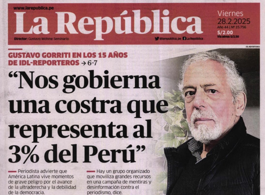 romancendoya's tweet photo. @IDL_Gorriti ya te gustaría a ti representar al 3% del Perú. Tú no representas nada. Cobarde mercenario, al servicio del capital caviar extranjero, llevas 15 años jodiendo  #ElPeru desde  el @IDL_R  repugnante organización corrupta y golpista.

Tú futuro se llama prisión. https://t.co/HdXMfBrnot