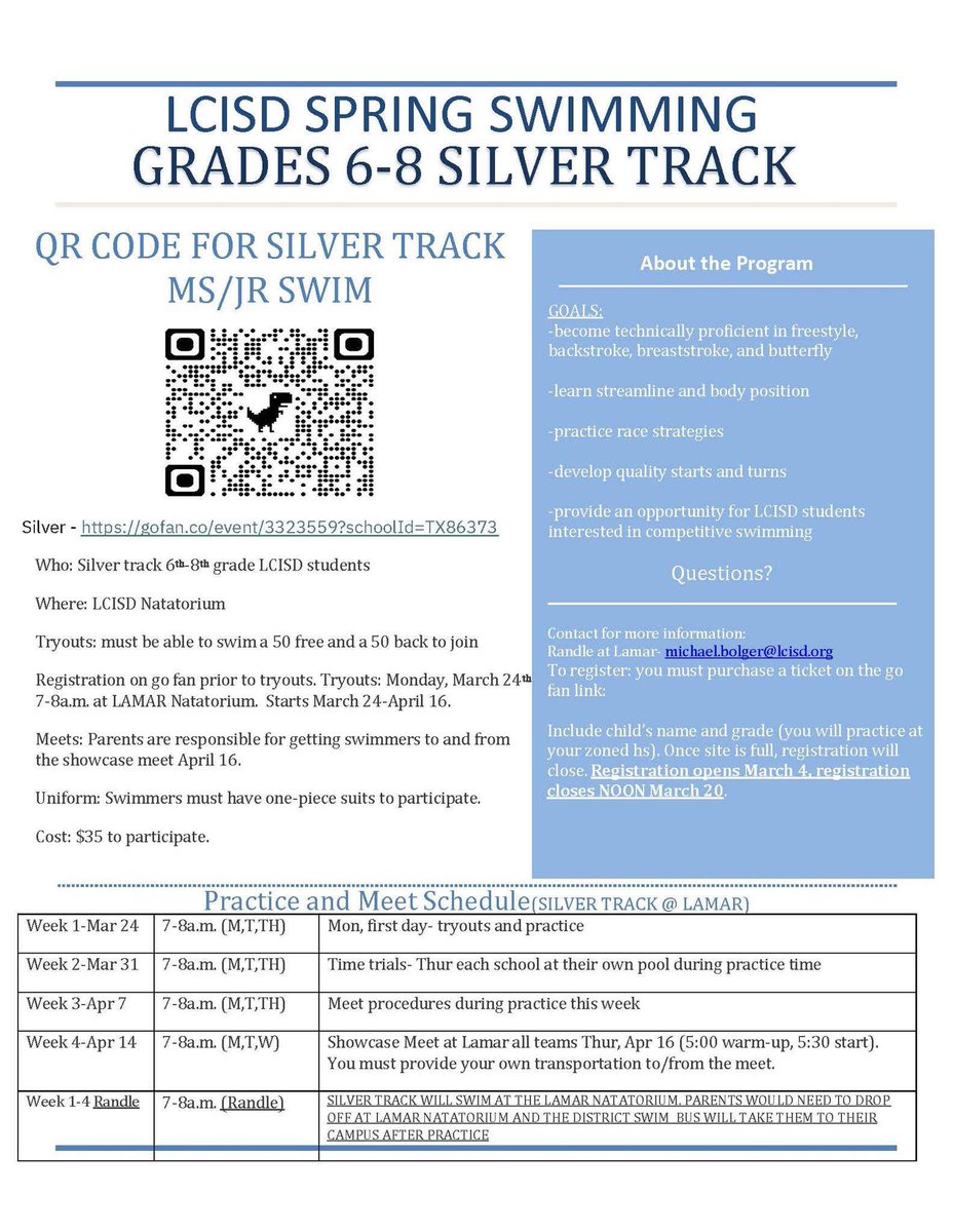 Information for the Silver Track Middle School and Junior High swim program! Link opens March 3rd: gofan.co/event/3323559?…