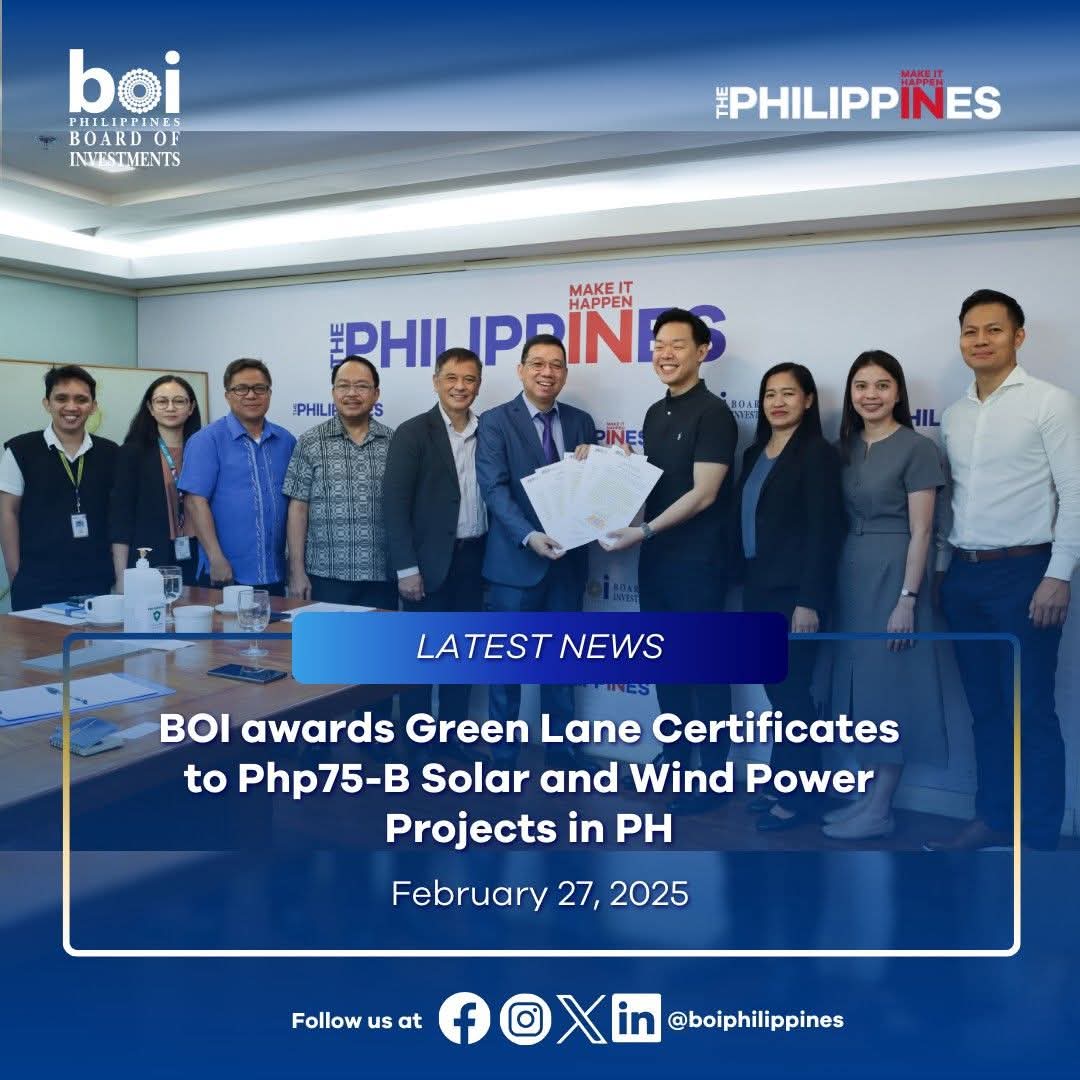 #PBBMgoodNews
#BagongPilipinas

BOI, through its One-Stop Action Center for Strategic Investments, has awarded Green Lane Certificates of Endorsement to Vena Energy’s wind &amp; solar power projects, further strengthening the country’s renewable energy sector
 boi.gov.ph/boi-awards-gre…