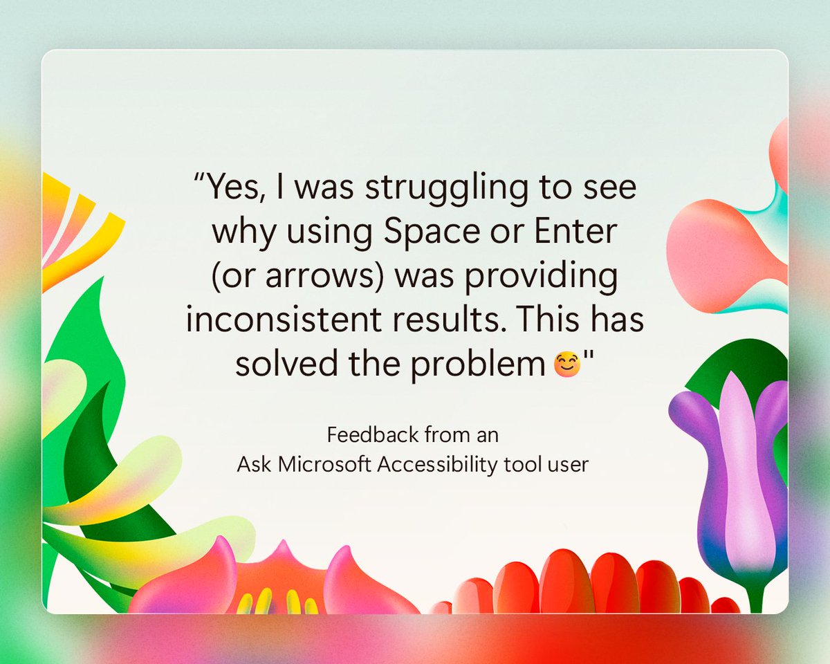 Our AI-Powered tool can help you find information about Microsoft’s products and services accessibility features. Try Ask Microsoft Accessibility with your accessibility questions. msft.it/6011q6J1c #AIForAccessibility