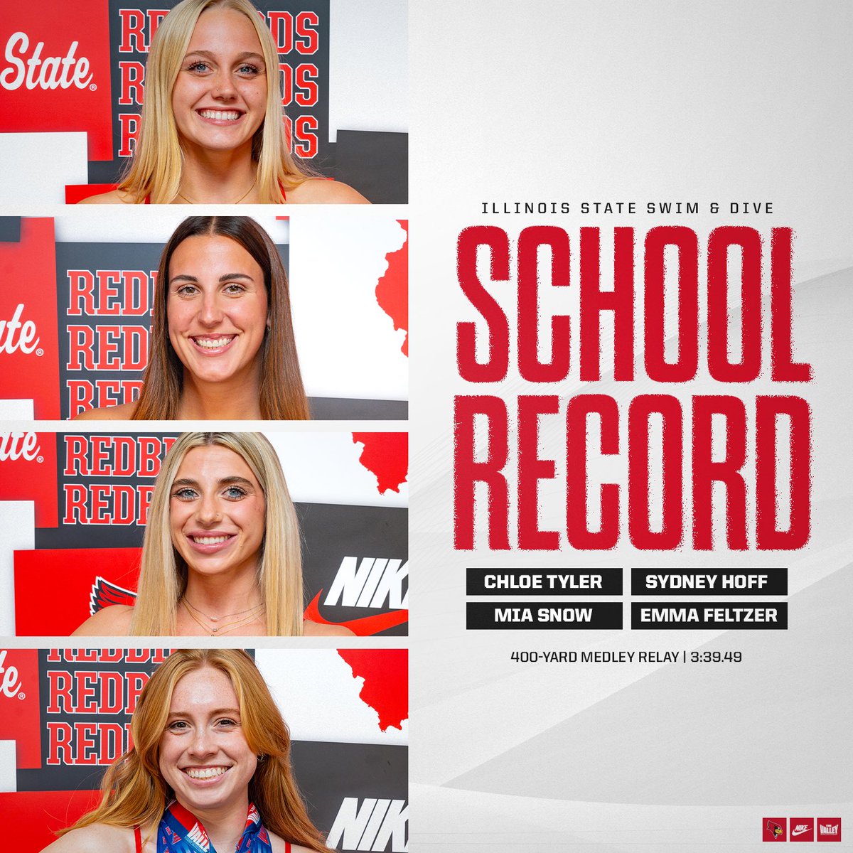 Chloe Tyler, Sydney Hoff, Mia Snow and Emma Feltzer broke the school record for the 400-yard medley with a time of 3:39.49!! #RollBirds
