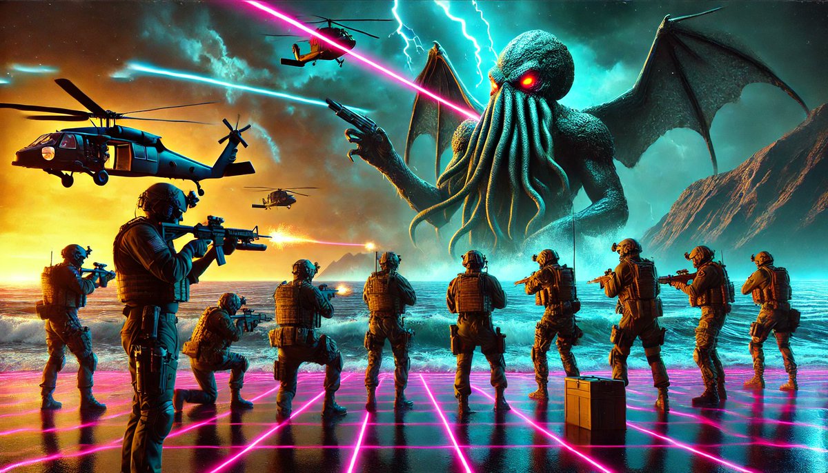 Aliskar48's tweet image. When the squad rolls up thinking it’s just another mission… but it’s Cthulhu on hard mode. 🎮🔥💀 Who’s got the cheat codes for this one? #BattleForHumanity #CthulhuAwakens #SquadGoals #NeonWarfare #LovecraftianHorror #Endgame #RetroFuturism #EpicBattle #NightmareMode