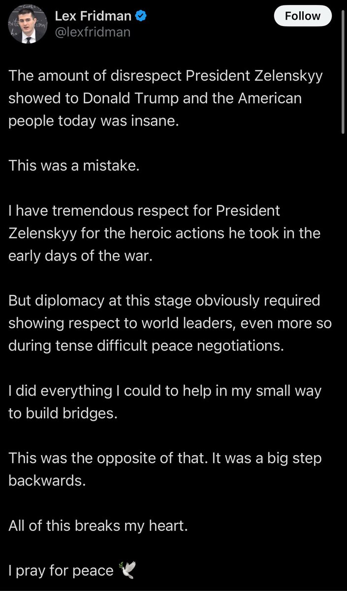 Lex is a spineless partisan jellyfish who uses declarations of peace and love as a shield for the unrelenting sycophancy he displays towards Trump, Elon, and Rogan.