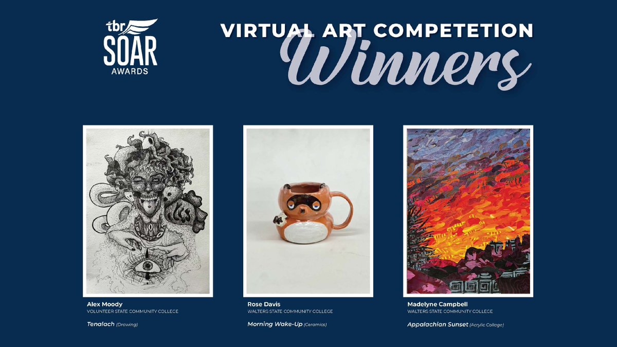 TBR - The College System of TN (@collegesystemtn) on Twitter photo We are excited to announce the winners of the 2025 SOAR Virtual Art Competition!
🥇 1st - Alex Moody, <a href="/volstate/">volstate</a>, "Tenalach," drawing
🥈 2nd - Rose Davis, <a href="/WaltersState/">Walters State</a>, "Morning Wake Up," ceramics
🥉 3rd - Madelyne Campbell, <a href="/WaltersState/">Walters State</a>, "Appalachian Sunset," acrylic collage. We are excited to announce the winners of the 2025 SOAR Virtual Art Competition!
🥇 1st - Alex Moody, <a href="/volstate/">volstate</a>, "Tenalach," drawing
🥈 2nd - Rose Davis, <a href="/WaltersState/">Walters State</a>, "Morning Wake Up," ceramics
🥉 3rd - Madelyne Campbell, <a href="/WaltersState/">Walters State</a>, "Appalachian Sunset," acrylic collage.