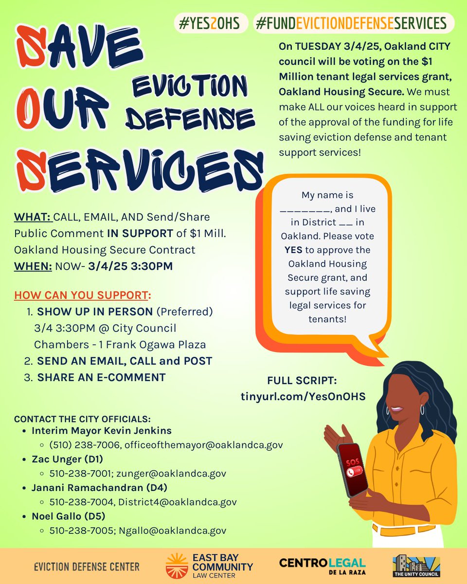 We are urging Oakland Mayor Jenkins and City Council to APPROVE the Oakland Housing Secure (OHS) contract in FULL, which funds legal services for tenants in Oakland, such as those provided by the EBCLC Housing team. 
Script and more info: tinyurl.com/YesOnOHS