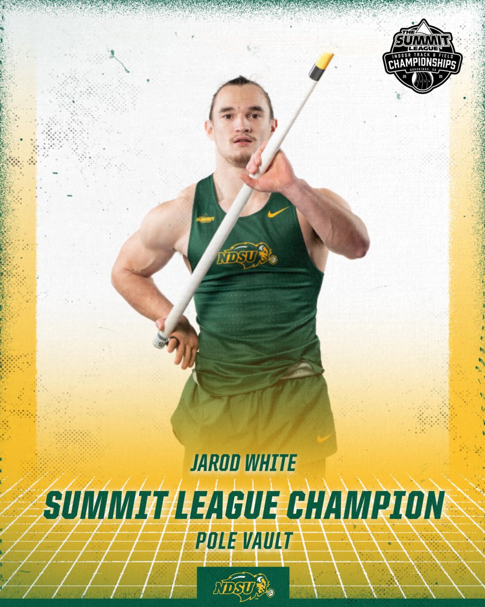 NDSUTrackField's tweet image. 🥇 Summit League Champion 🥇
🚨 SCHOOL RECORD 🚨

Jarod White cleared 17-9 (5.41m) to win the conference title in the pole vault, improving his NDSU record!