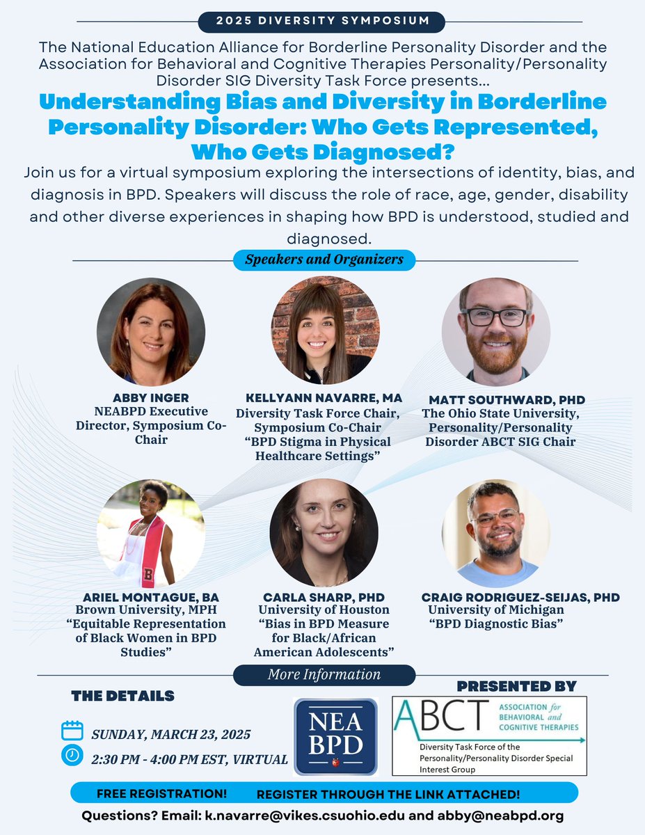 In collaboration with the National Education Alliance for Borderline Personality Disorder (NEABPD), the P/PD SIG Diversity Task Force is sponsoring a webinar-symposium event featuring a series of presentations discussing the intersections of identity, bias, and diagnosis in BPD.