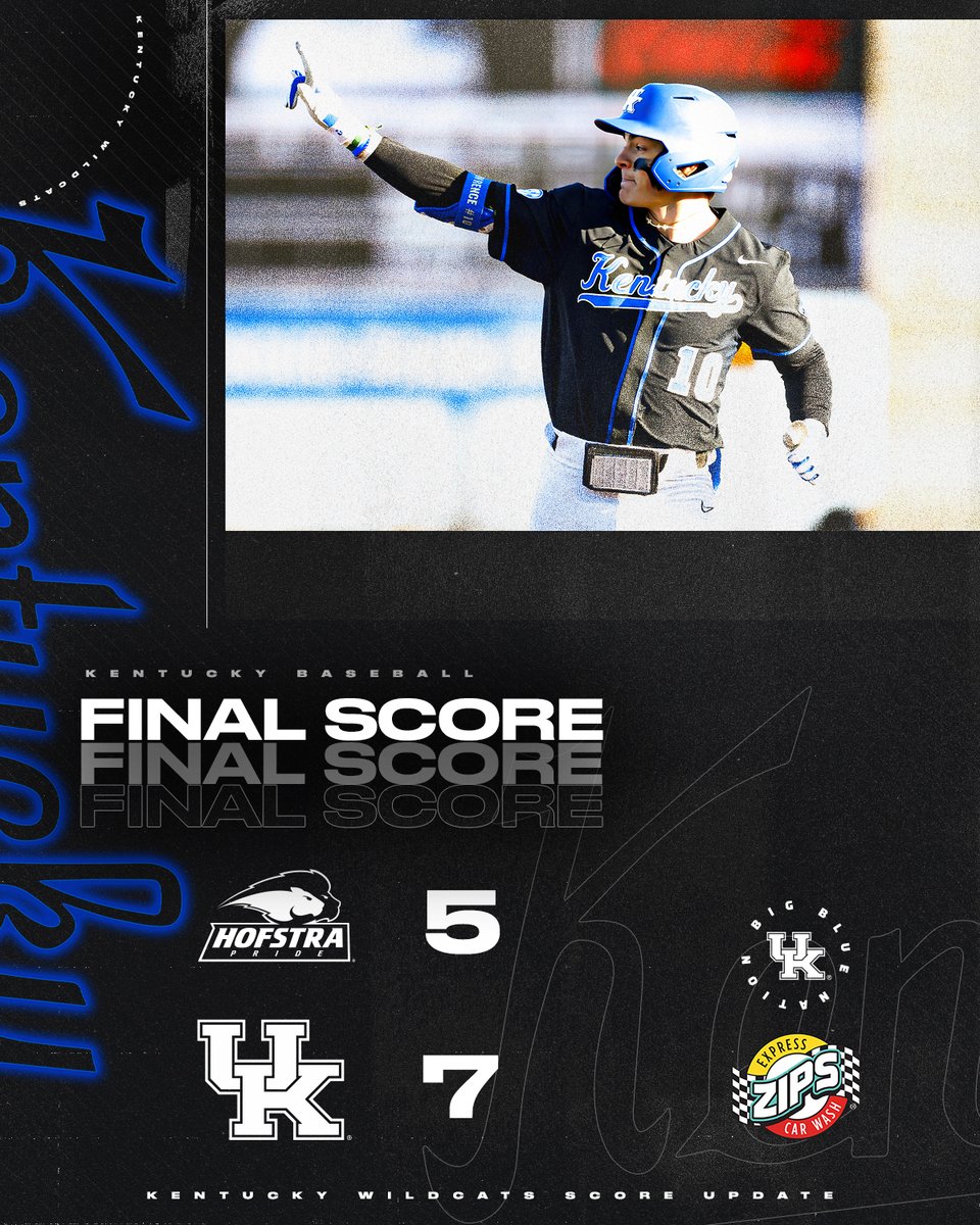 Kentucky Baseball (@ukbaseball) on Twitter photo VICTORY, KENTUCKY!
F | UK 7, Hofstra 5
W - <a href="/evan_byers21/">Evan Byers</a>
<a href="/LukeL1019/">Luke Lawrence</a>: 2-4, 2 R, 2 RBI, 2B, HR, SB
<a href="/Colehage_33/">Cole Hage</a>: 3-4, R, 2 RBI, 2 2B, SB
<a href="/jackson_nove/">Jackson Nove</a>: 2 IP, 5 K VICTORY, KENTUCKY!
F | UK 7, Hofstra 5
W - <a href="/evan_byers21/">Evan Byers</a>
<a href="/LukeL1019/">Luke Lawrence</a>: 2-4, 2 R, 2 RBI, 2B, HR, SB
<a href="/Colehage_33/">Cole Hage</a>: 3-4, R, 2 RBI, 2 2B, SB
<a href="/jackson_nove/">Jackson Nove</a>: 2 IP, 5 K