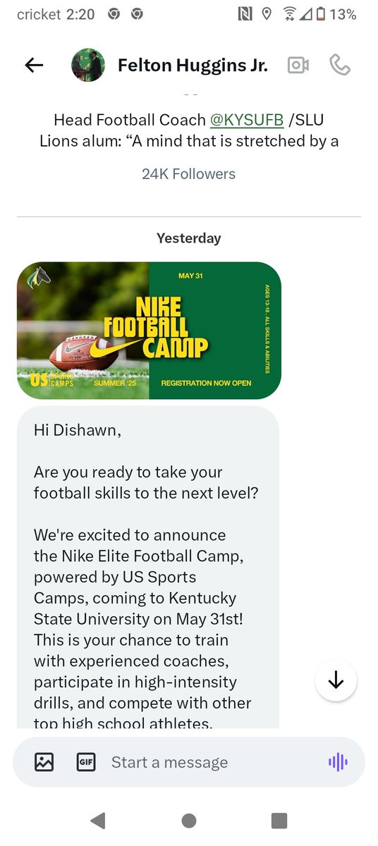 Thanks for the invite <a href="/KYSUFB/">Kentucky State University Football</a> looking forward to the competition and learning from a elite coaches.

#letswork
<a href="/D2donaldson/">Coach Donaldson</a>