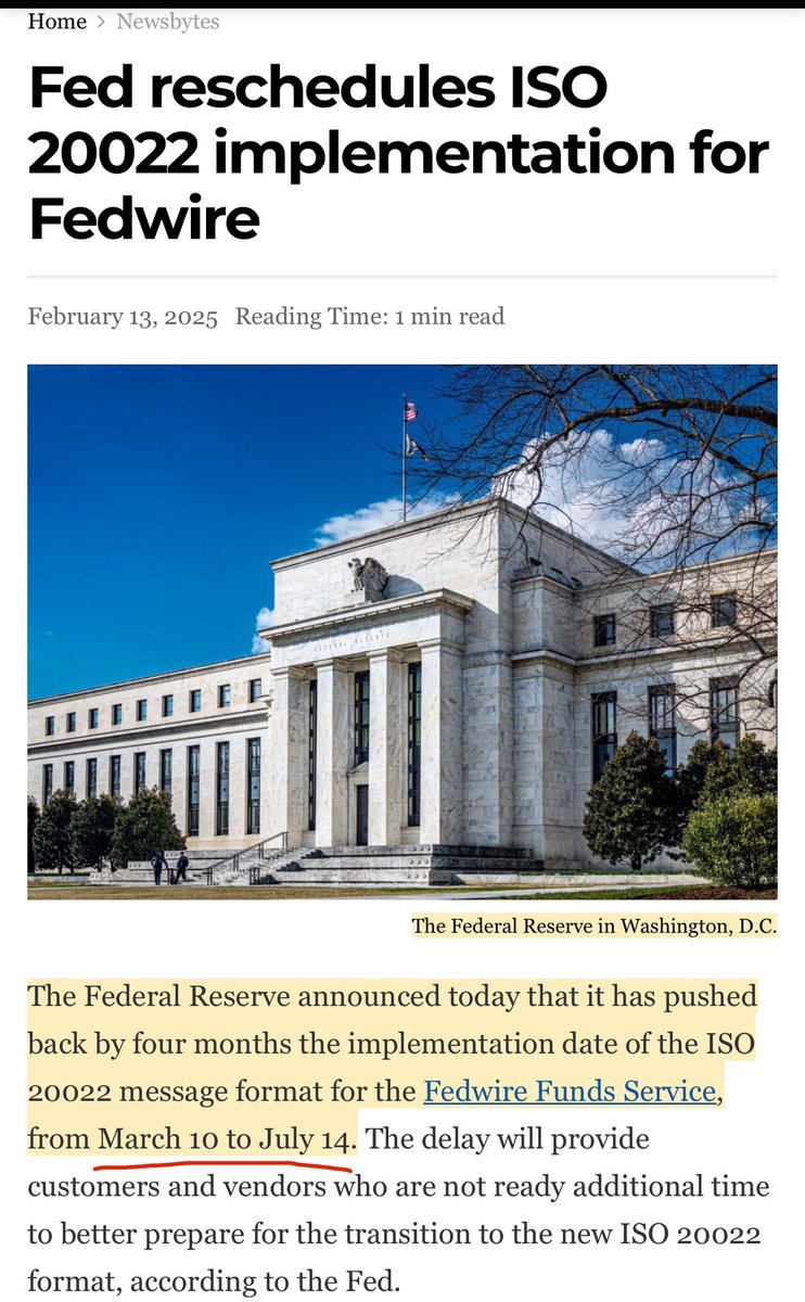 SMQKEDQG's tweet image. ‼️WHY FEDNOW IS RAMPING UP JULY 2025‼️

FedNow is ramping up transactions in July 2025 because its adoption boost was originally tied to the Fedwire ISO 20022 migration date in March 2025.🎯

Since the Fed delayed Fedwire’s go-live date to July 2025, the expected boost in FedNow…
