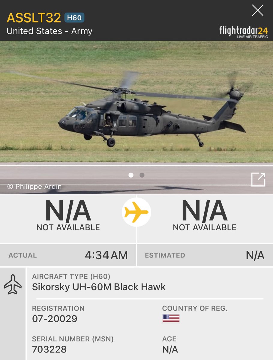 ClarkKe49569692's tweet photo. On February 28, 2025 US Army 101st Combat Aviation Brigade UH-60M, call sign ASSLT32, departed Camp Buehring-Kuwait for Camp Arifjan-Kuwait.

Mode S - AE47DF
Registration - 07-20029
Notation - Multi-Role Helicopter https://t.co/qYuKY2QiGE