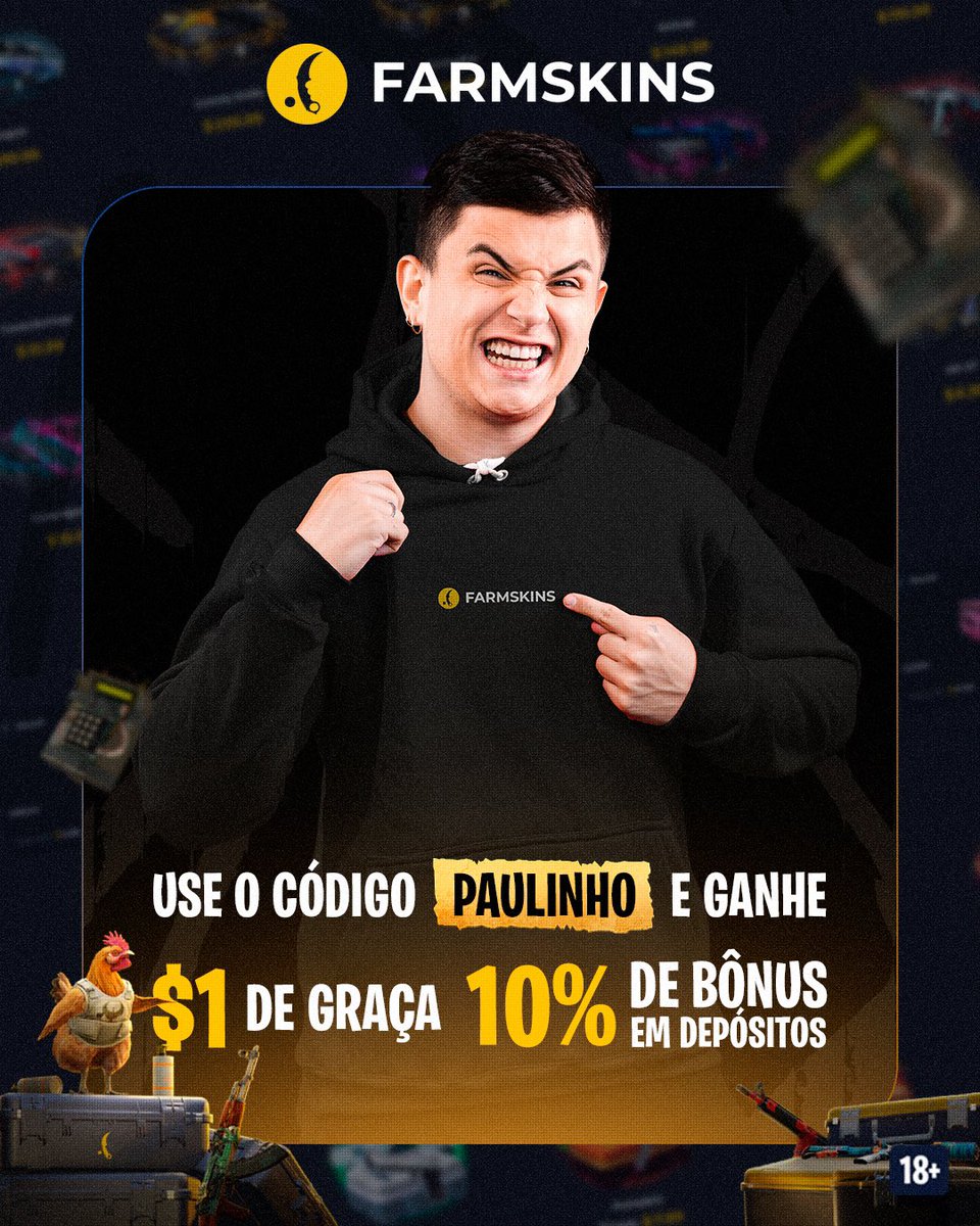 Rapaziadaaa! Quem tá colando nas lives já sabe que a gente é fechadão com a Farmskins, né não? E ó, tem promoção braba rolando! Se cadastrar usando meu link e o código *PAULINHO*, já garante *$1 de graça* pra torrar no site e *10% de bônus no depósito!* Bora aproveitar, fio, que