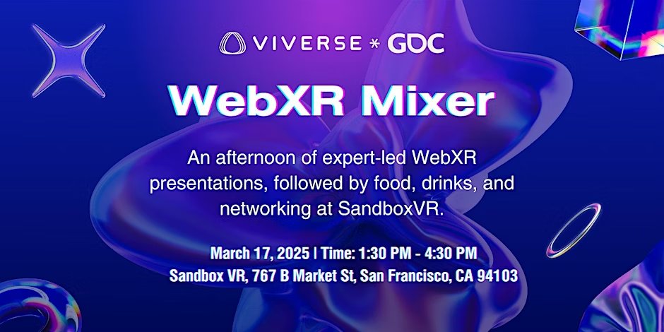 Going to GDC? 
Check out the WebXR Mixer 🎧
hosted by <a href="/VIVERSEofficial/">VIVERSE Official</a> <a href="/htc/">HTC</a> 

🎟️ RSVP (Free) 
eventbrite.com/e/viverse-webx…