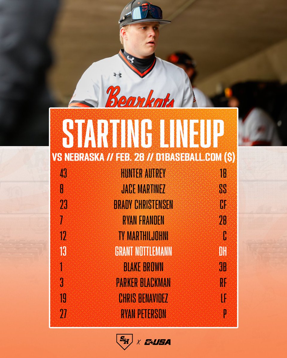 Starting lineup for the opener of the <a href="/FriscoClassic/">Frisco Classic ⚾️</a> vs Nebraska #EatEmUpKats 

🔗 linktr.ee/bearkatbsb