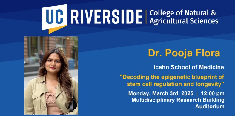 Talbot Research Group (@talbot_lab_ucr) on Twitter photo On Monday March 3rd, Dr. Pooja Flora, from the Icahn School of Medicine at Mount Sinai, will present “Decoding the Epigenetic Blueprint of Stem Cell Regulation and Longevity” at the Inland Empire Stem Cell Consortium Seminar Series.
<a href="/UCRStemCell/">UCR Stem Cell Center & Core</a> <a href="/IcahnMountSinai/">Icahn School of Medicine at Mount Sinai</a> <a href="/UCRiverside/">UC Riverside</a> On Monday March 3rd, Dr. Pooja Flora, from the Icahn School of Medicine at Mount Sinai, will present “Decoding the Epigenetic Blueprint of Stem Cell Regulation and Longevity” at the Inland Empire Stem Cell Consortium Seminar Series.
<a href="/UCRStemCell/">UCR Stem Cell Center & Core</a> <a href="/IcahnMountSinai/">Icahn School of Medicine at Mount Sinai</a> <a href="/UCRiverside/">UC Riverside</a>