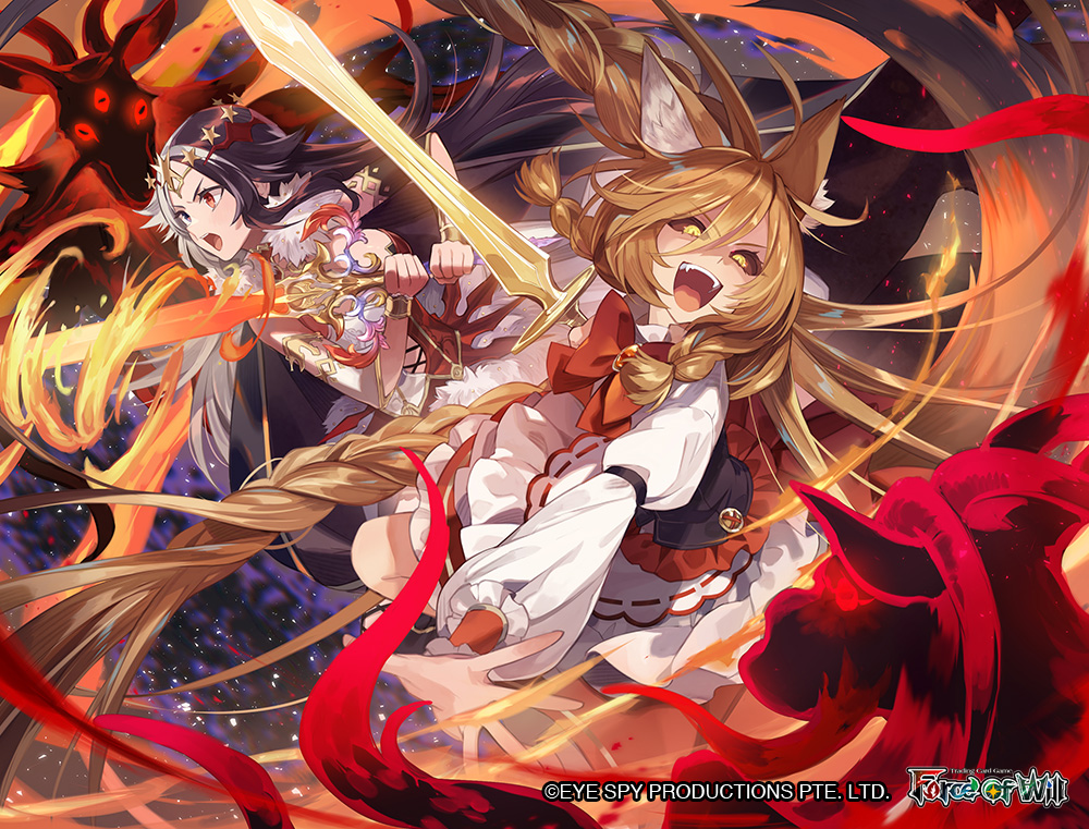uc_yuk's tweet photo. 2月28日発売のTCG『Force of Will』＜Masterpiece Collection 02 “Fates Reunited!”＞より
「CRIMSON FRENEMIES AT THE FARMLANDS OF R'LYEH」のイラストを担当しました！どうぞよろしくお願いします🔥⚔️
#fowtcg https://t.co/nbOeLZTJ3E