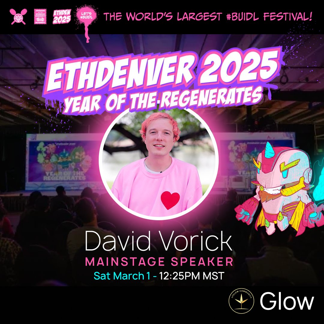 LFGlow (@lfglowcommunity) on Twitter photo Join <a href="/GlowFND/">Glow Foundation</a> for 2 events at EthDenver tomorrow:
☀️12:25: Main Stage presentation
⚡️2pm: DePIN / Regen community meet up on the 2nd floor of the main conference (past the Zen Zone) - sign up for more details: lu.ma/i1ja1xho IOTEX, Fluency and DeCharge also presenting Join <a href="/GlowFND/">Glow Foundation</a> for 2 events at EthDenver tomorrow:
☀️12:25: Main Stage presentation
⚡️2pm: DePIN / Regen community meet up on the 2nd floor of the main conference (past the Zen Zone) - sign up for more details: lu.ma/i1ja1xho IOTEX, Fluency and DeCharge also presenting