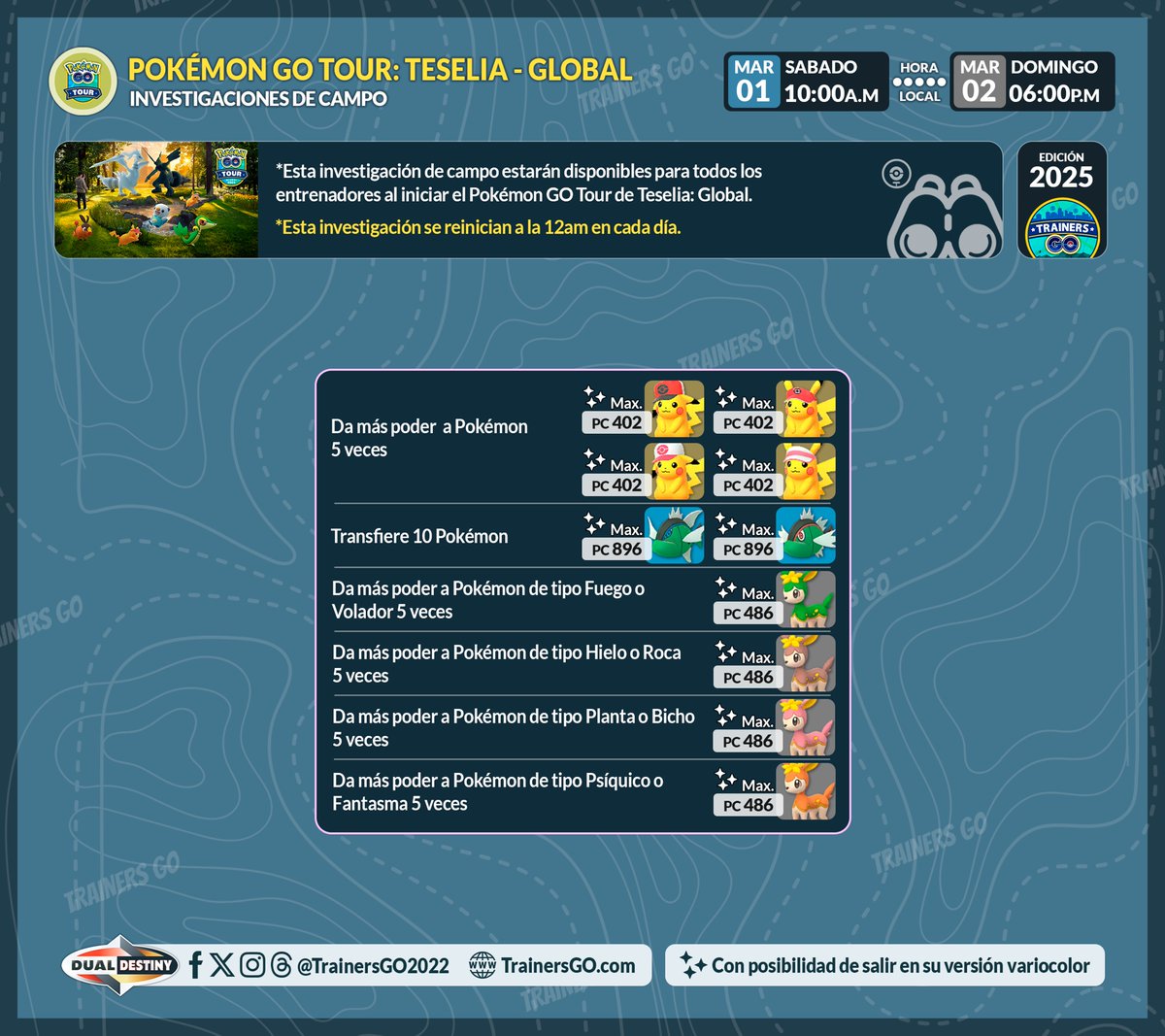 trainersgo2022's tweet image. 🥳Trainers, ahí les dejamos la infografía de las investigaciones de campo del Pokémon GO tour de Teselia: Global.

#pokemongoapp #trainersgo #DualDestiny #pokemongo #Pokemongotour #KyuremBlack #KyuremWhite