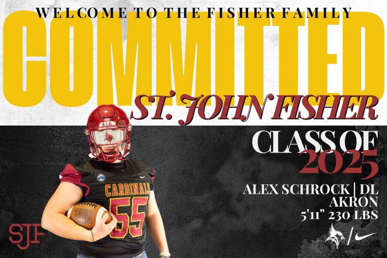 Alex Schrock (@schrockalex55) on Twitter photo I would like to announce my commitment to pursue my academic and athletic career at St. John Fisher University!!! Thank you to all those who have helped me achieve this incredible goal!
<a href="/CoachRabyJr/">Ed Raby</a> <a href="/CoachRicciFB/">Coach Ricci</a> <a href="/chriskeyes16/">Coach Keyes</a> <a href="/CoachHeas/">Ryan Heasley</a> <a href="/Coach_Segala/">Brees Segala</a> <a href="/coach_prina/">Jayden Prina</a> <a href="/CoachDNewbury/">Daulton Newbury</a> I would like to announce my commitment to pursue my academic and athletic career at St. John Fisher University!!! Thank you to all those who have helped me achieve this incredible goal!
<a href="/CoachRabyJr/">Ed Raby</a> <a href="/CoachRicciFB/">Coach Ricci</a> <a href="/chriskeyes16/">Coach Keyes</a> <a href="/CoachHeas/">Ryan Heasley</a> <a href="/Coach_Segala/">Brees Segala</a> <a href="/coach_prina/">Jayden Prina</a> <a href="/CoachDNewbury/">Daulton Newbury</a>