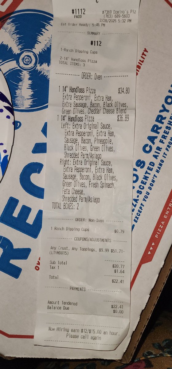 The current <a href="/dominos/">Domino's Pizza</a> sale saved me nearly $52 on two large pizzas.🍕 
For anyone reading this, the maximum is 10 toppings.