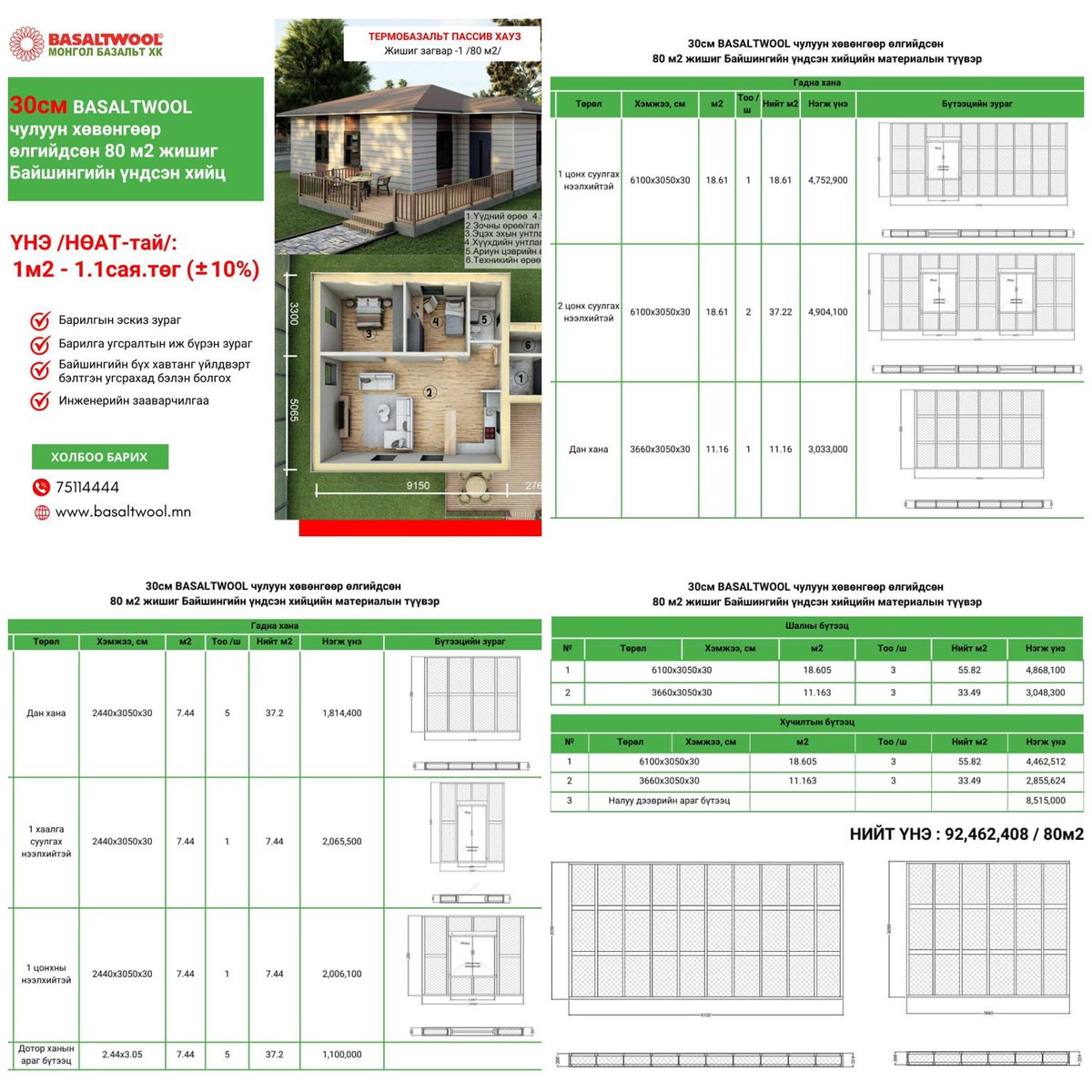ТЭНГЭРИЙН ЛУУ ЖИЛИЙНХЭЭ БҮТЭЭЛЭЭР Монгол түмэндээ XVII жарны "Элдэв эрдэнэт" хэмээх модон могой жилдээ БАЗАЛЬТ-ын хамт олон 
🏡 ТЕРМОБАЗАЛЬТ ПАССИВ ХАУЗ-аар бэлэг барьж байна. 

1️⃣ м2 - 1️⃣,1️⃣ сая төгрөг (НӨАТ-тэй)товчхондоо

📍ХАНА 
📍ДЭЭВЭР 
📍ШАЛ бүгд 3️⃣0️⃣ см #BASALTWOOL-ээр