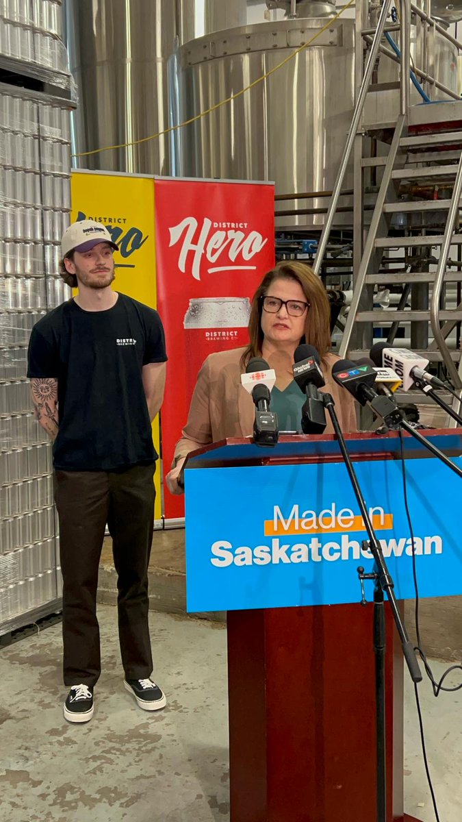 CarlaBeckSK's tweet photo. If Trump imposes tariffs Tuesday, the Sask. Party government should immediately pull U.S. beer, wine, and liquor from SLGA shelves.

I’m also urging the people of Saskatchewan to support our own world-class producers, brewers, and distillers, instead of buying American. Thanks so much to District Brewing for hosting me today.

We make the best stuff right here in Saskatchewan. – https://t.co/QZkkNbuY76.

Frankly, American beer doesn’t compare — ours is actually beer! 🍻