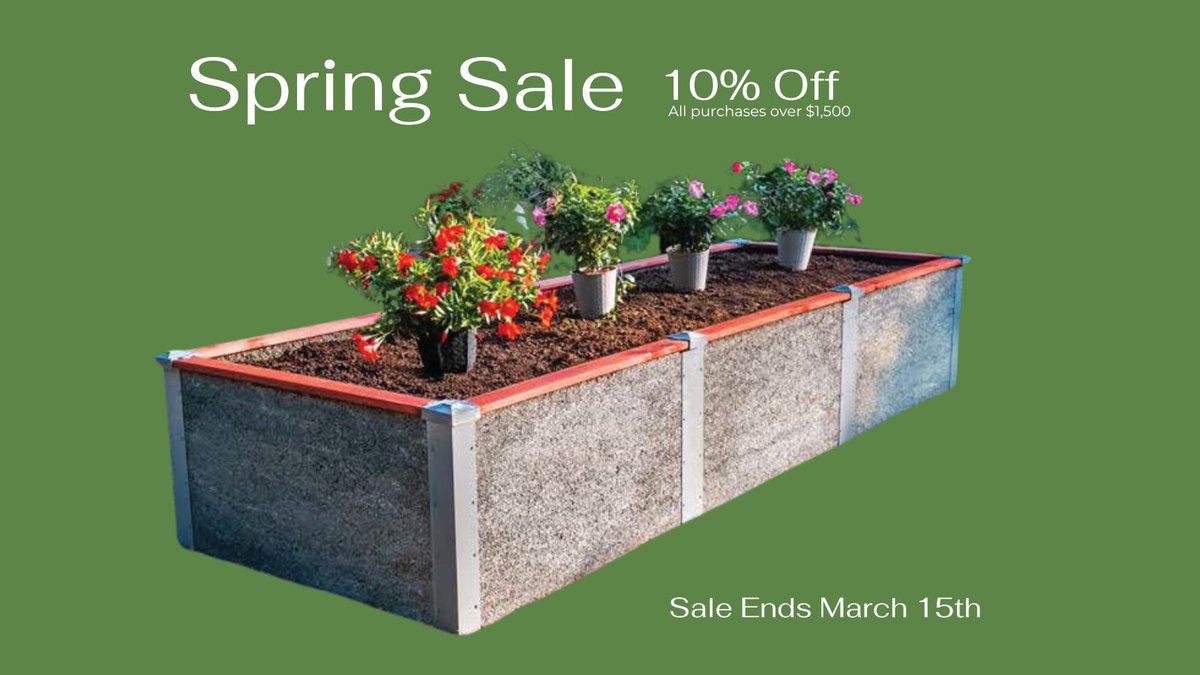 DurableGreenBed's tweet photo. Spring Sale Alert! 📣 Transform your backyard with Durable GreenBed Raised Garden Bed Kits and save! Enjoy 10% OFF all orders over $1,500. These long-lasting, sustainable raised beds are perfect for any gardener. Sale ends March 15th. #raisedgardenbeds #ecofriendlygardening https://t.co/pI81RvDlfs