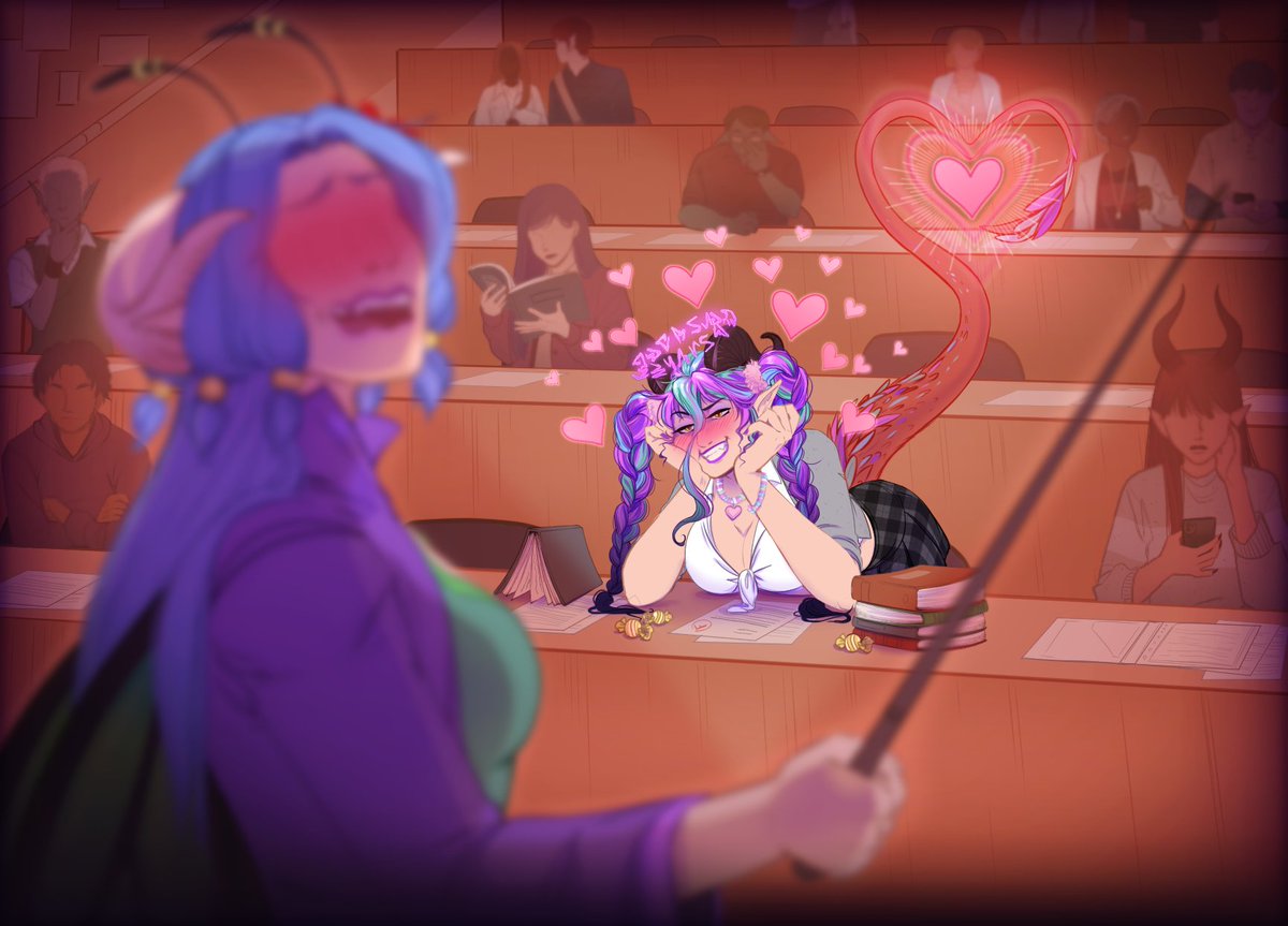 When you're still technically your wife's apprentice, so you can attend her magic school classes and be utterly and absolutely obnoxious about flirting with her during class. This is the low key version of flirting with her for me LOL

[Art by Nanihoo]