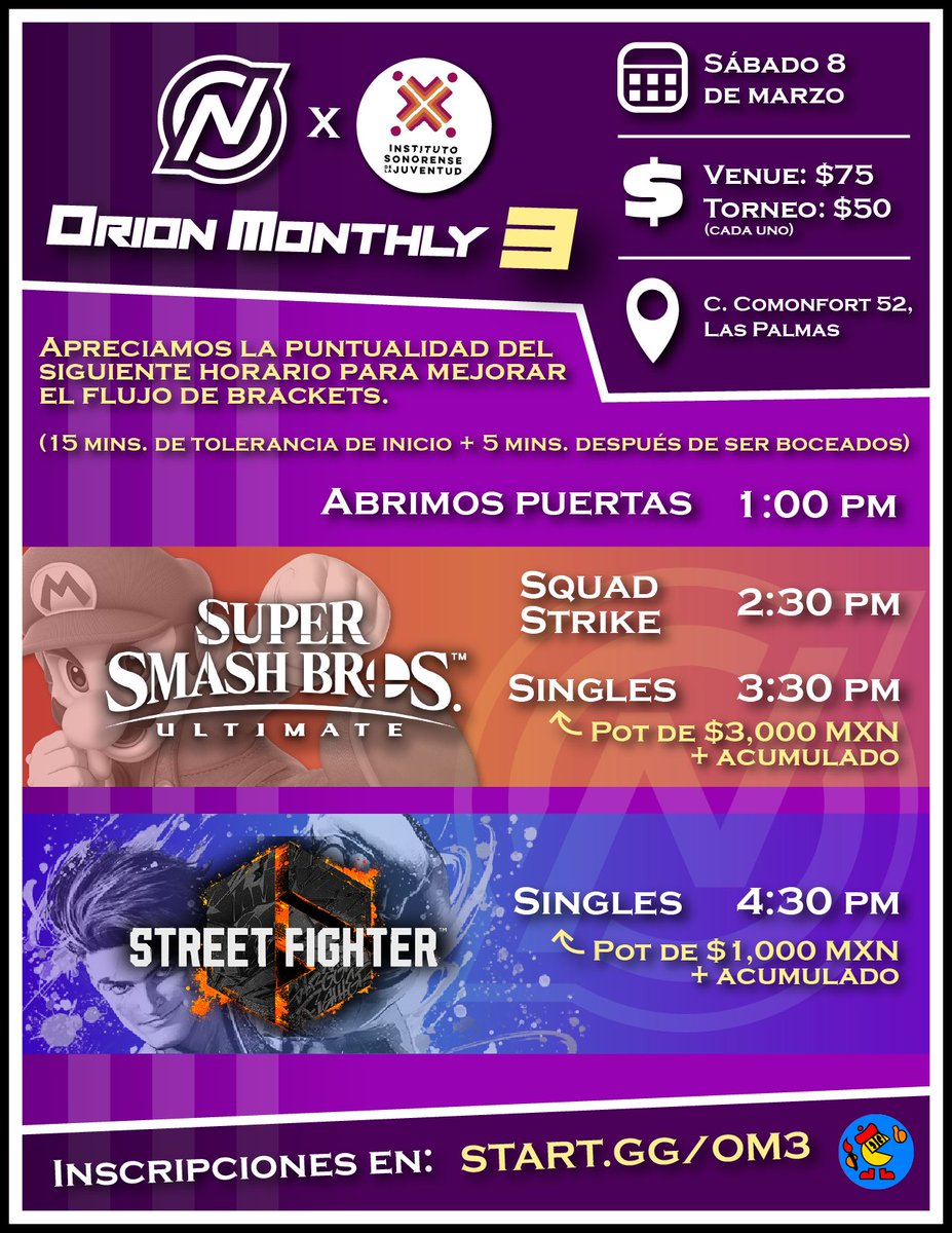 Los invitamos al Orion Monthly #3

¡Torneos de Smash ultimate y singles con pot bonus de 3,000 y 1,000!

Se abren puertas a la 1:00 PM en las instalaciones del instituto sonorence de la juventud.

¡Los esperamos!

Registro👇👇👇