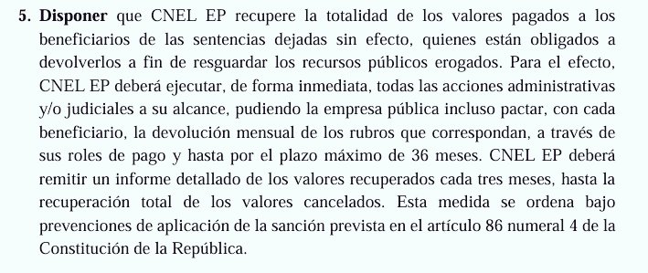 La remuneración es inembargable según el Art. 328 de la CRE. Por lo tanto, <a href="/CNEL_EP/">CNEL EP</a> no puede descontar ni un solo centavo de la remuneración de los trabajadores sin su consentimiento, es decir, sin pactar con ellos. Así lo determinó la <a href="/CorteConstEcu/">Corte Constitucional</a> en su sentencia.