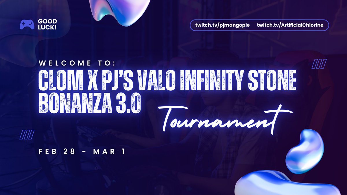 Going 🔴LIVE🔴 at 8:15pm EST for <a href="/ArtificialCl_/">Artificial Chlorine</a> and I’s Valo Infinity Stone Bonanza 3.0! Watch 20 insane players duke it out to see who’s the best in each of their ranks!! 🥳

twitch.tv/pjmangopie
