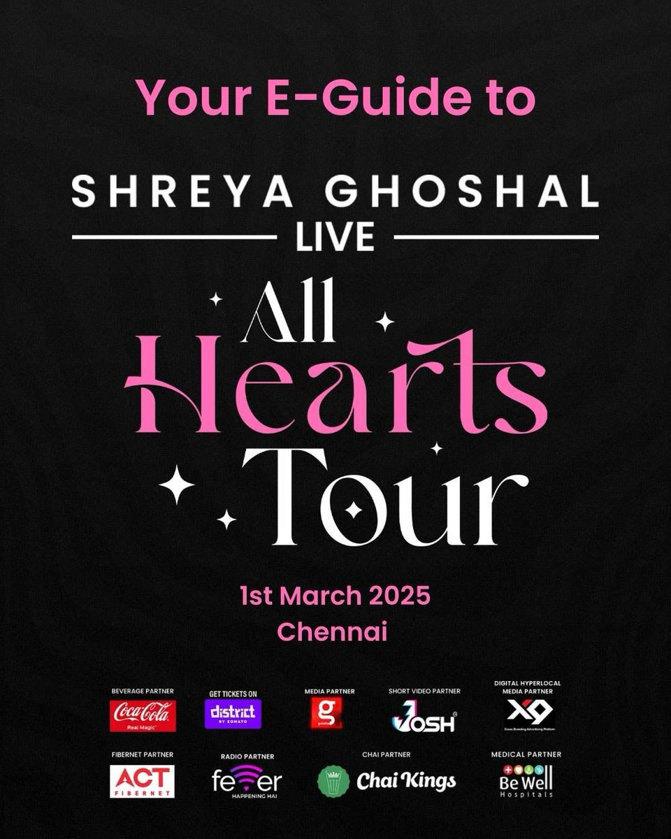Your Concert e-Guide to @ShreyaGhoshal ’s All Hearts Tour – happening TODAY at YMCA Nandanam! 🎤

See thread below ⬇️⬇️⬇️

Don’t miss out—grab your tickets now on at district.in/shreya-ghoshal… 🔥

#shreyaghosal #allheartstour #shreyaghoshallive #shreyaghosalliveinconcert #chennai