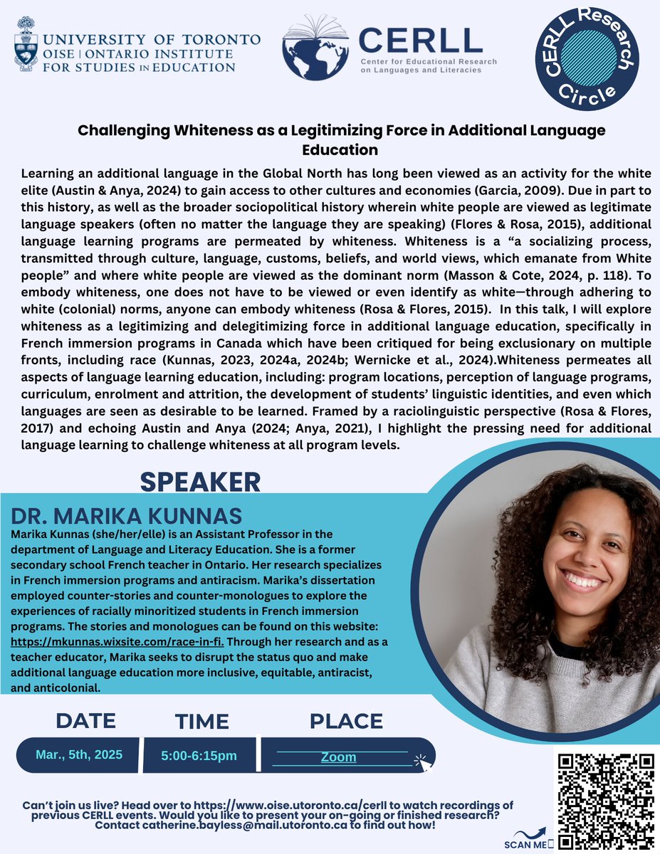 CERLL OISE (@cerlloise) on Twitter photo Dr. Marika Kunnas is joining us this Wednesday, March 5th at 5:00pm for our Research Colloquium. Follow the link in the flyer to join us online! Dr. Marika Kunnas is joining us this Wednesday, March 5th at 5:00pm for our Research Colloquium. Follow the link in the flyer to join us online!