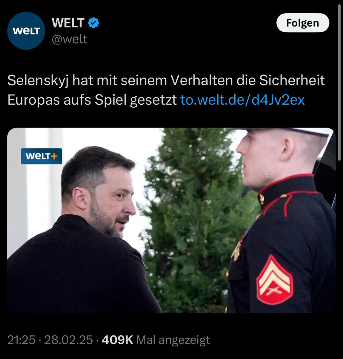 stephanpalagan's tweet photo. Täter-Opfer-Umkehr gegenüber einem jüdischen Präsidenten, der unter Einsatz seines Lebens sein Heimatland verteidigt. Passt ganz gut zum Wahlaufruf für die AfD.

Die „Welt“ ist eine Bande von illiberalen charakterlosen Arschlöchern. https://t.co/JuNnKZfqCD