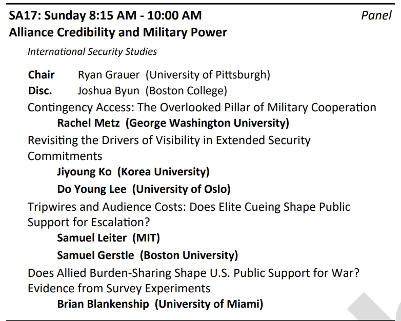 Rachel (Tecott) Metz (@rtecottmetz) on Twitter photo For those in Chicago bright and early Sunday, come join us! I will be presenting research on contingency access, an overlooked but crucial form of military cooperation. A lot of other interesting new work on the military elements of alliances <a href="/sam_gerstle/">Sam Gerstle</a> <a href="/LeiterSam/">Sam Leiter</a> <a href="/RyanGrauer/">Ryan Grauer</a> For those in Chicago bright and early Sunday, come join us! I will be presenting research on contingency access, an overlooked but crucial form of military cooperation. A lot of other interesting new work on the military elements of alliances <a href="/sam_gerstle/">Sam Gerstle</a> <a href="/LeiterSam/">Sam Leiter</a> <a href="/RyanGrauer/">Ryan Grauer</a>