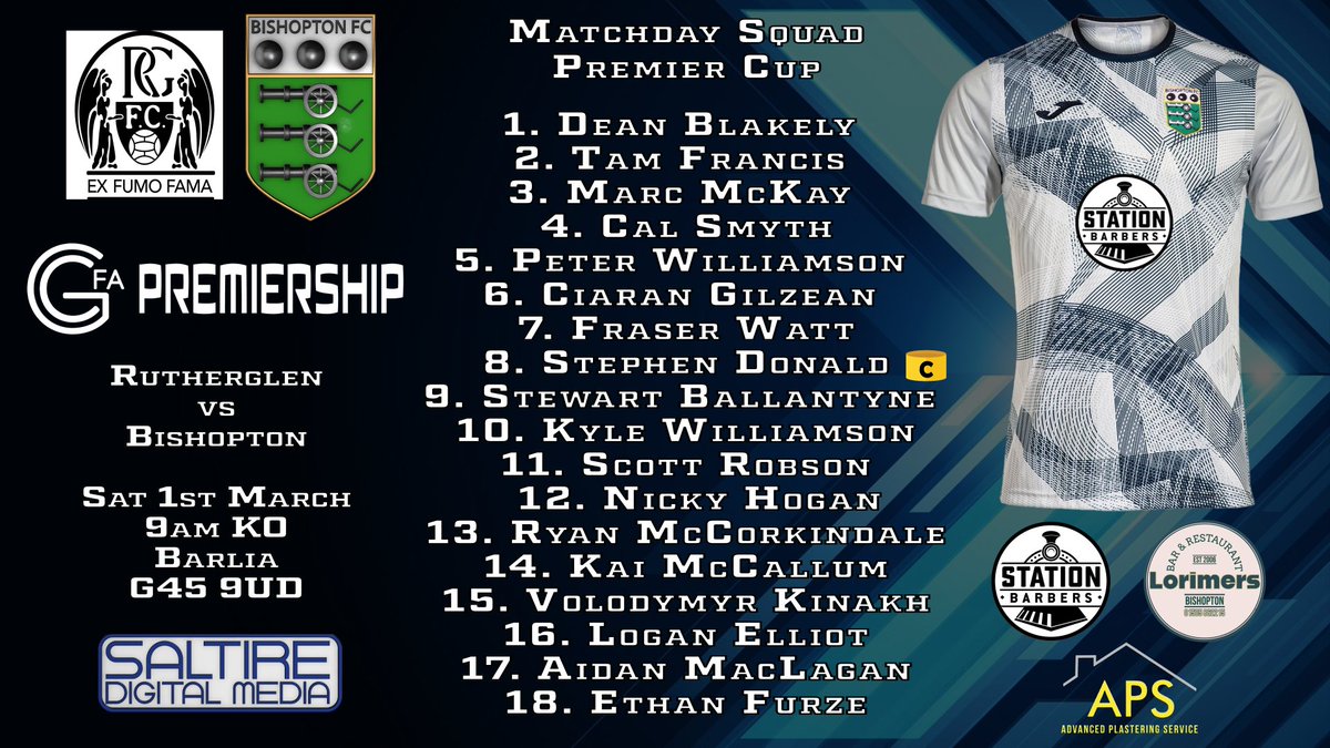 Todays Premier League, Matchday Squad vs Rutherglen.

#monthebishy #stationbarbers #lorimers #apsadvancedplasteringservice #saltiredigitalmedia