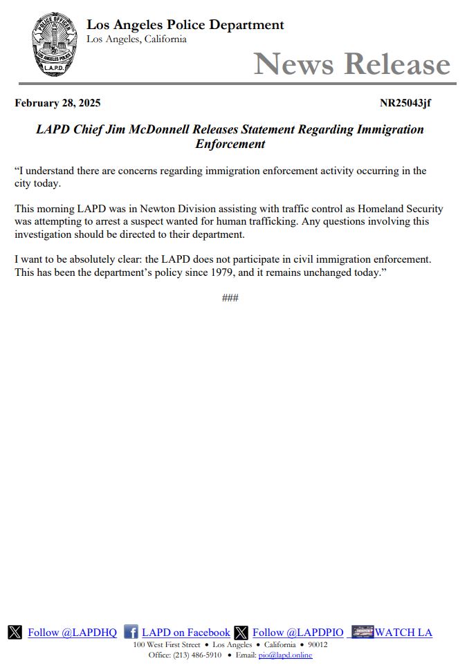 LAPD News: LAPD Chief Jim McDonnell Releases Statement Regarding Immigration Enforcement