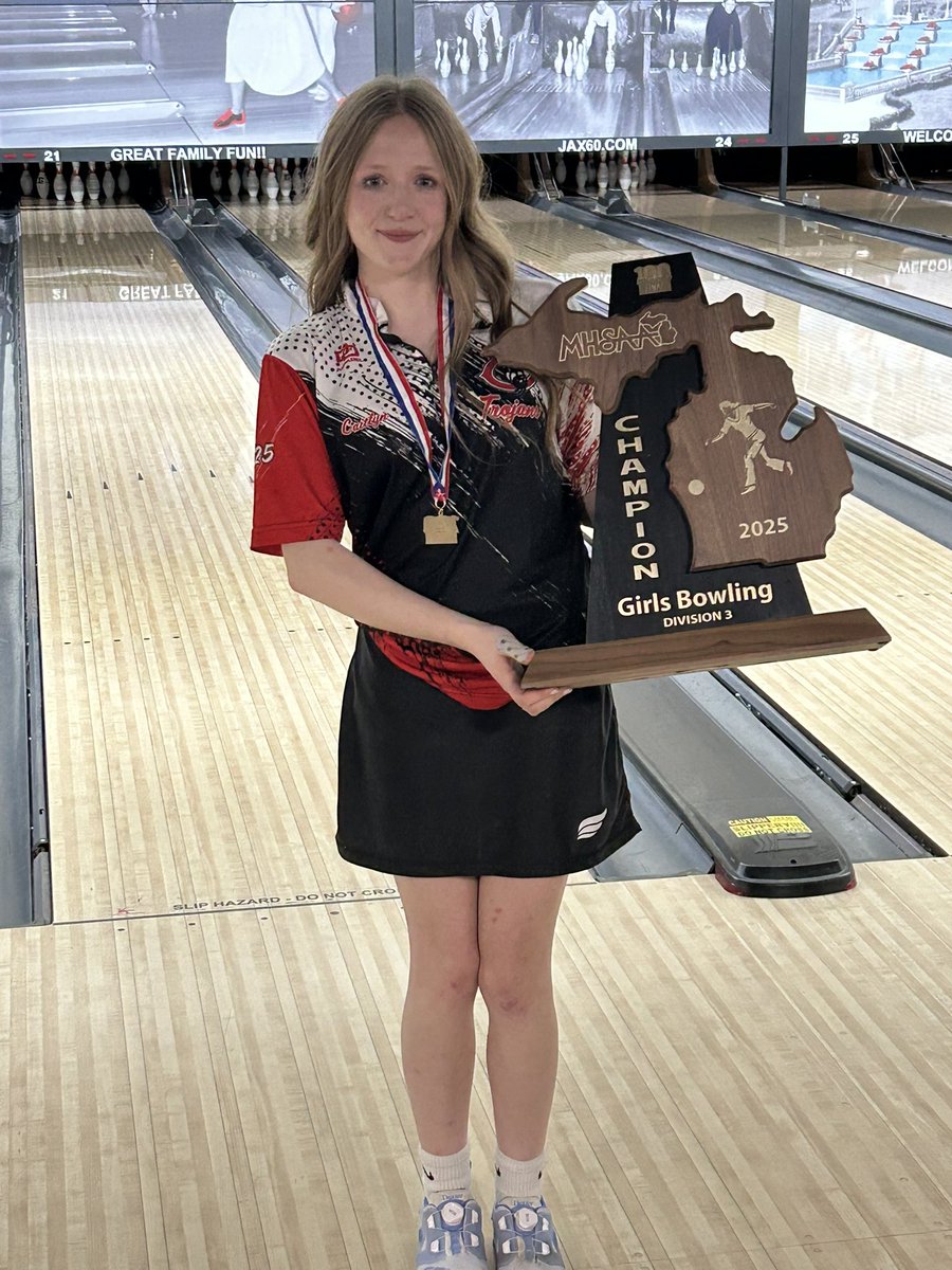 Cville1837's tweet photo. Congratulations Clarenceville women’s bowling team on being STATE CHAMPS!!!! It took to game 4 to beat Adrian Madison 187-166! Congratulations and thank you for bringing the hardware home!!!!!! https://t.co/oe6Xhw8odw