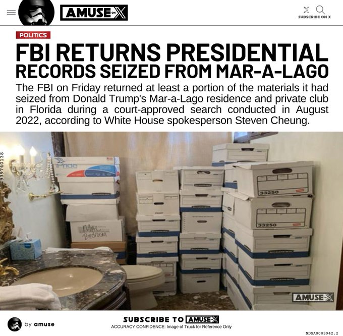The FBI on Friday returned at least a portion of the materials it had seized from Donald Trump's Mar-a-Lago residence and private club in Florida during a court-approved search conducted in August 2022, according to White House spokesperson Steven Cheung.