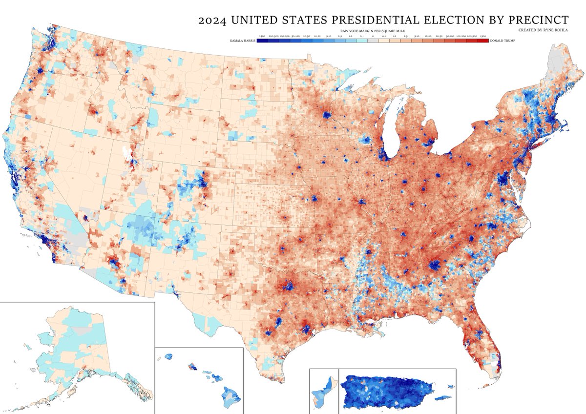 Alternative version of the President map, by raw vote margin per square mile: