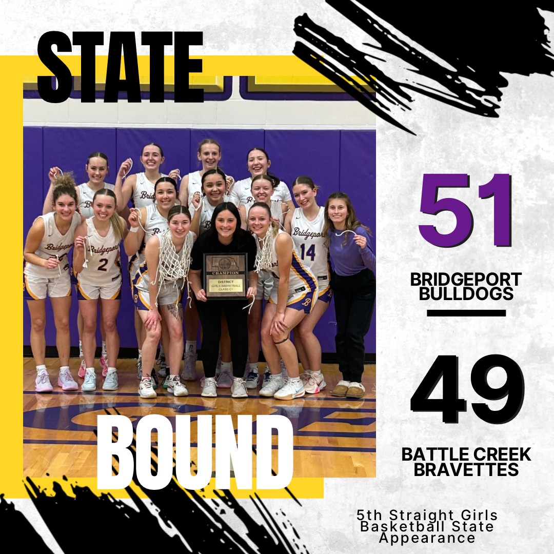 <a href="/BridgeportGBB/">BridgeportGBB</a> turns back furious Battle Creek rally to win 51-49 in the C1-5 final. Jailyn Nichols 15 points, <a href="/eschluterbusch/">EllaSchluterbusch_2</a> 14, <a href="/Taceyfrom/">Tacey From</a> 12 for Bulldogs, who will make their fifth straight trip to state.
