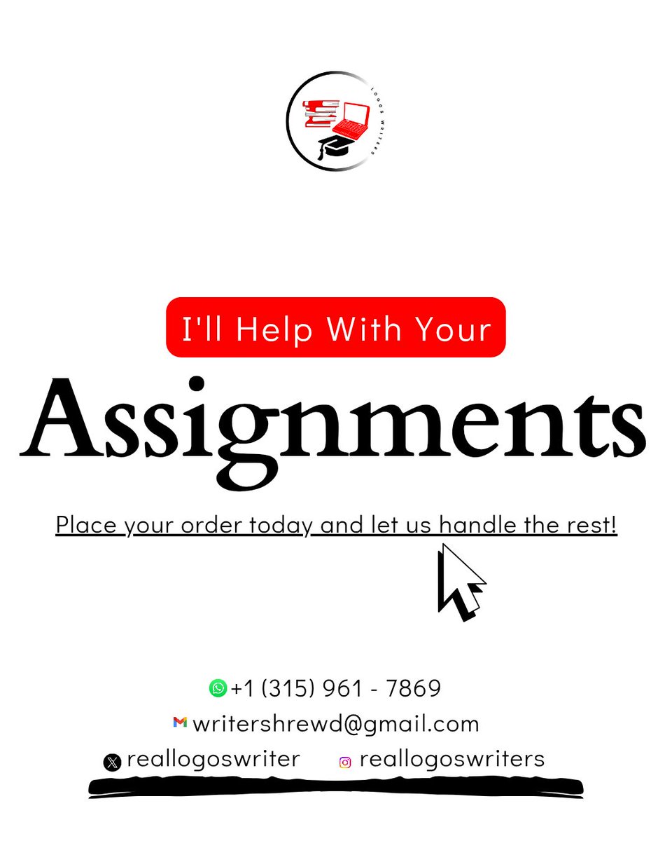 reallogoswriter's tweet image. SUBMIT YOUR ORDER TODAY!

#AssignmentSupport
#AcademicWriting #OnlineClass
#ResearchPapers #MarketAnalysis
#FinancialProjection #BusinessPlan

#AAMU #ASU #CAU #FAMU #FSU #HBCU
#JSU #MBA #NCAT #SSU #PVAMU #TXST
#UCLA #VSU #WGU #NCLEX #GRAMFAM

#FridayVibes #reallogoswriter📚💻🎓
