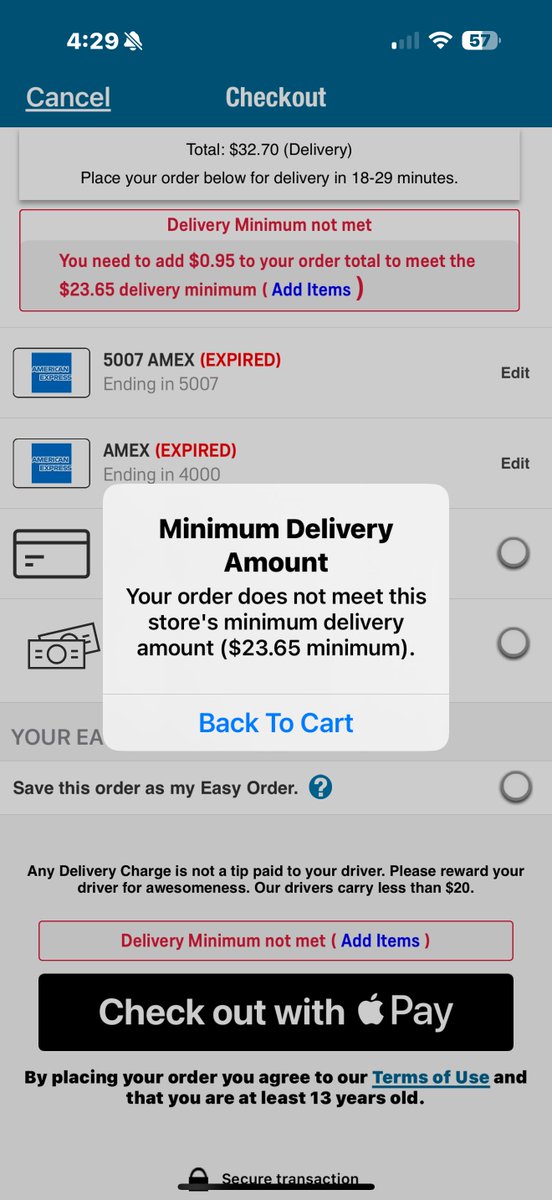 Someone needs to feed some logic into the management at this <a href="/dominos/">Domino's Pizza</a>. I was 95 cents below their threshold for delivery?! I used a coupon that they provided and can't get delivery to my children. #badcustomerexperience