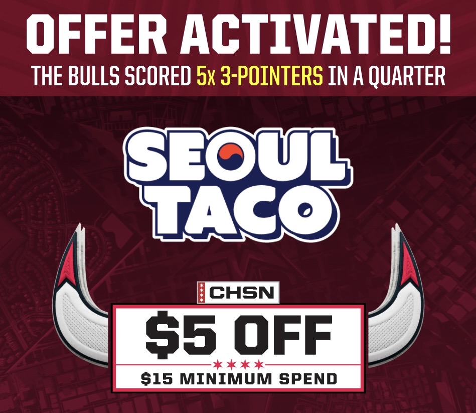 🚨 THE BULLS ARE HOT 🚨

They’ve hit 5 three-pointers in the 1st quarter, unlocking $5 off at <a href="/SeoulTaco/">SEOUL TACO | 🌮 Korean-Mexican Street Fare</a>! 🌮🔥

It’s not too late to register—head to bit.ly/3XfTZmg NOW to claim your free offer before time runs out.

How to Redeem:
1️⃣ Register for free at