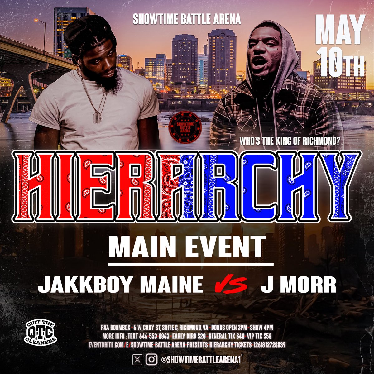 ShowTimeBattles's tweet image. #Hierarchy @JakkDaDevil vs @JmorrUpone  RICHMOND WHAT UP #ShowTimeBattleArena ‼️ SBA WE BACK